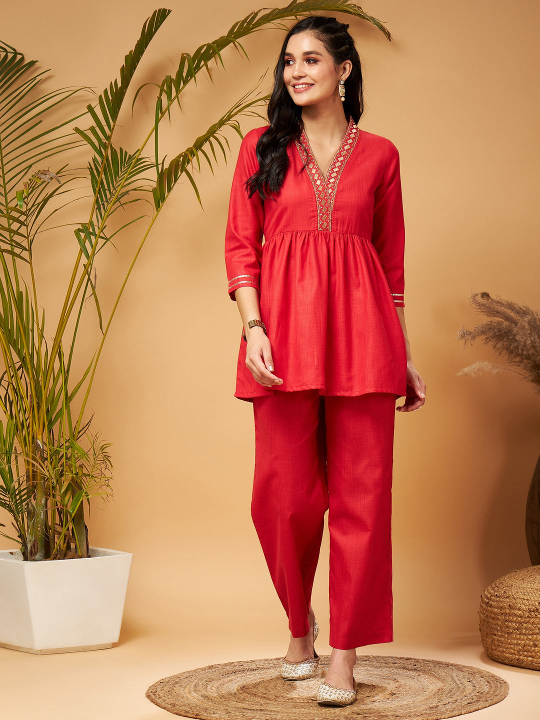 Women's Women Red Embroidered Gathered Top With Palazzos in Poly Viscose by Shae for wholesale, bulk, supplier, manufacturer and wholesaler buyers from Trendphoria