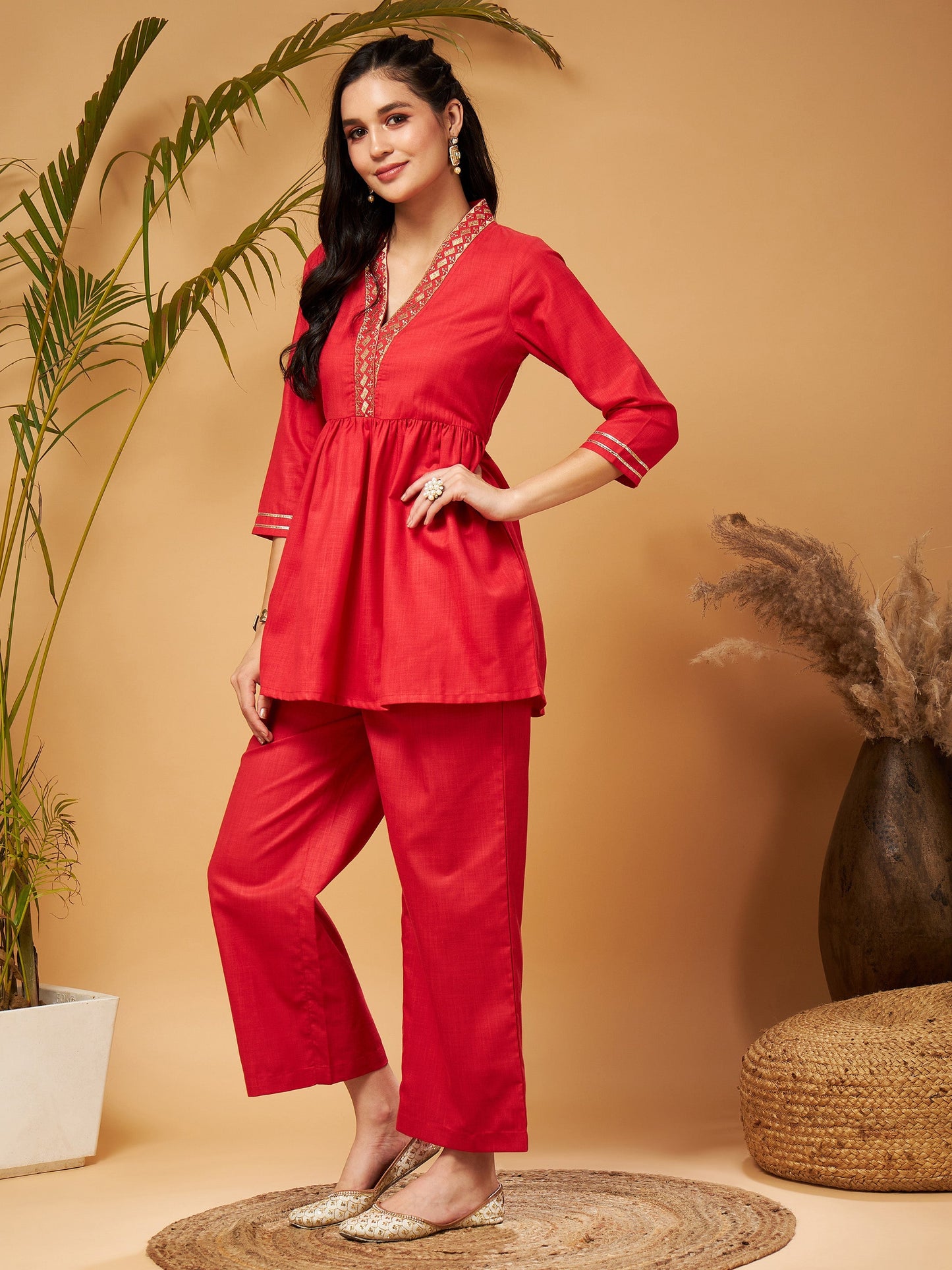Red Embroidered Gathered Top With Palazzos-Shae by SASSAFRAS