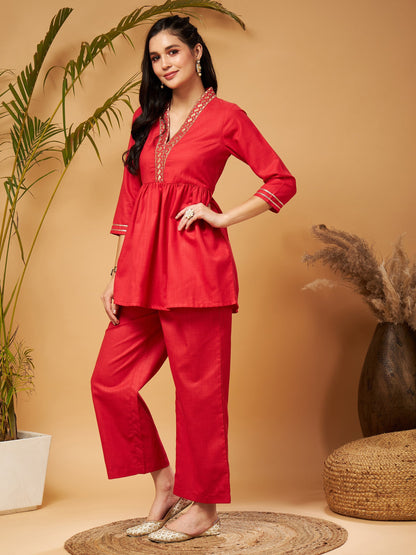 Red Embroidered Gathered Top With Palazzos-Shae by SASSAFRAS