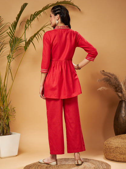 Red Embroidered Gathered Top With Palazzos-Shae by SASSAFRAS