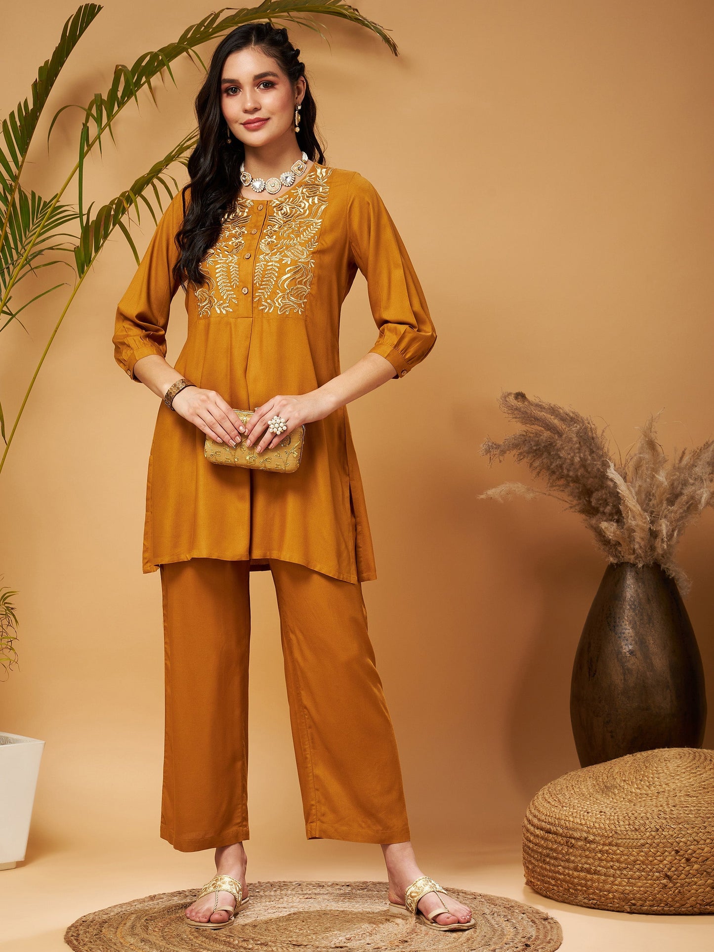 Mustard Bodice Zari Embroidered Top With Palazzos
