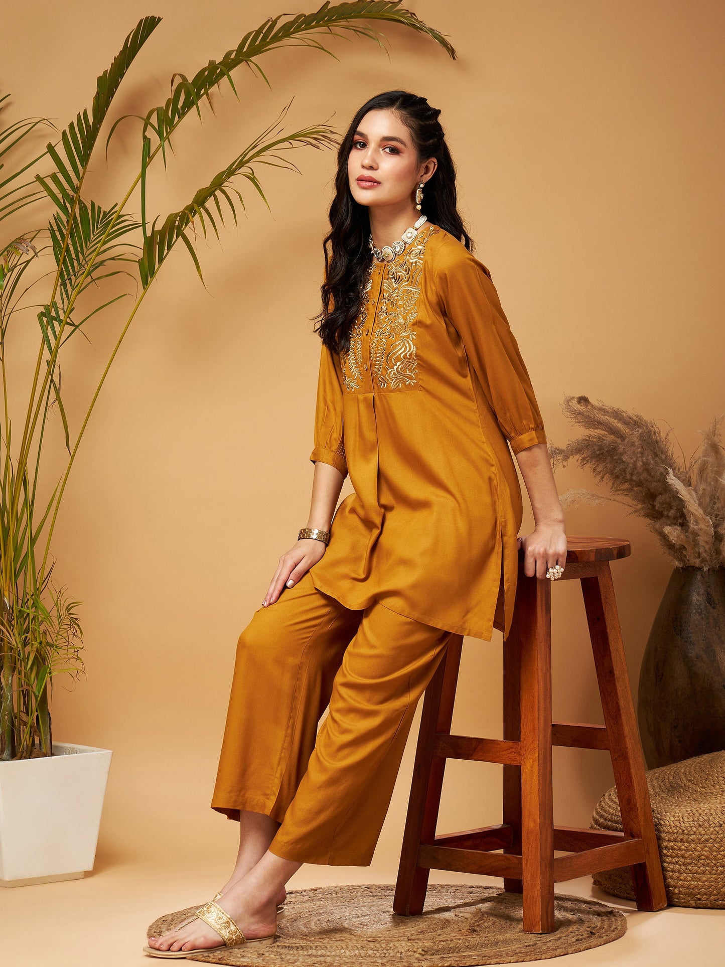 Mustard Bodice Zari Embroidered Top With Palazzos