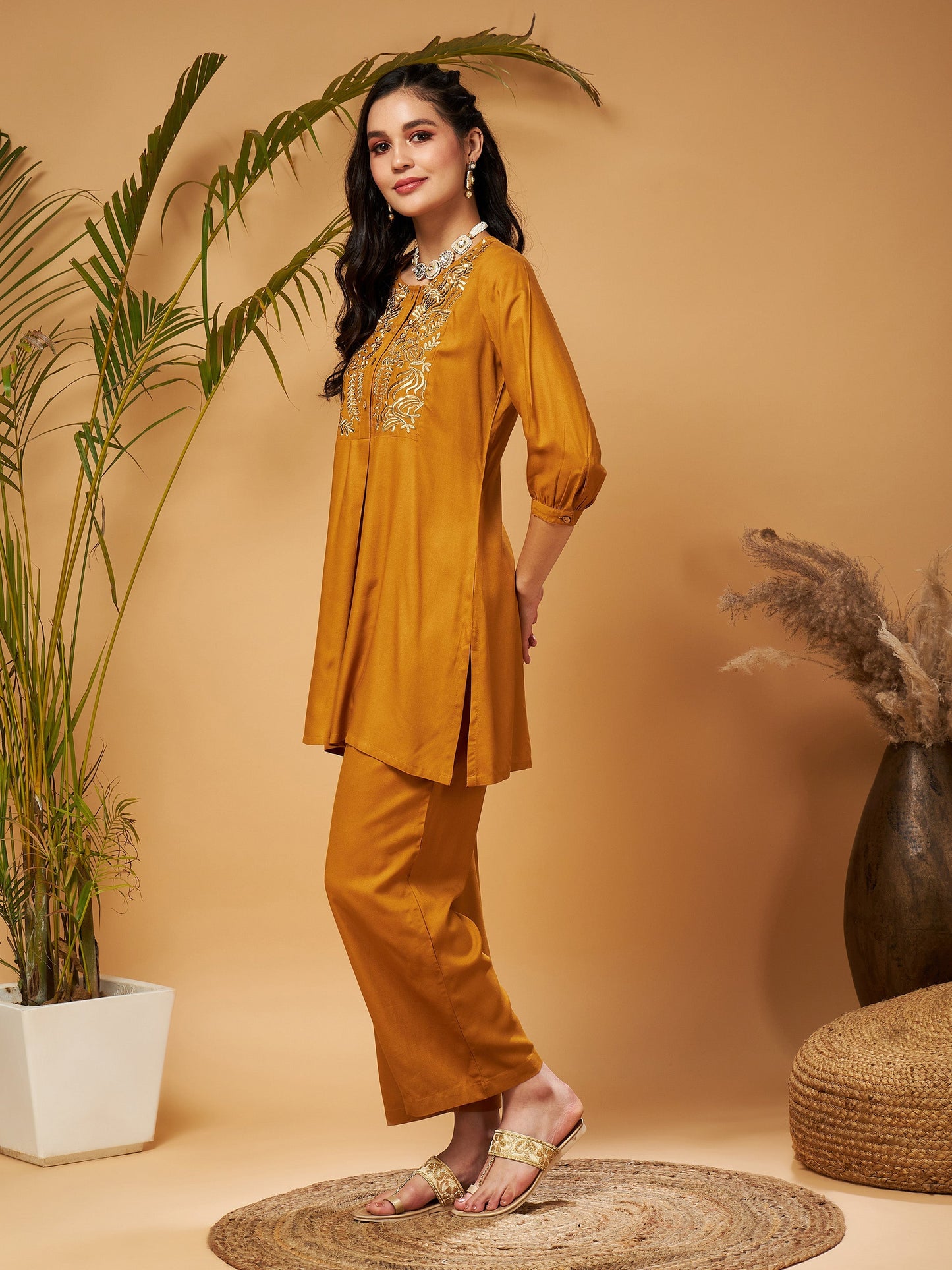 Mustard Bodice Zari Embroidered Top With Palazzos
