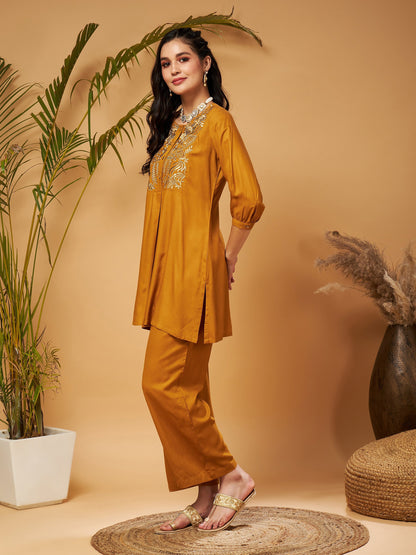 Mustard Bodice Zari Embroidered Top With Palazzos