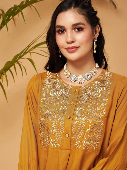 Mustard Bodice Zari Embroidered Top With Palazzos