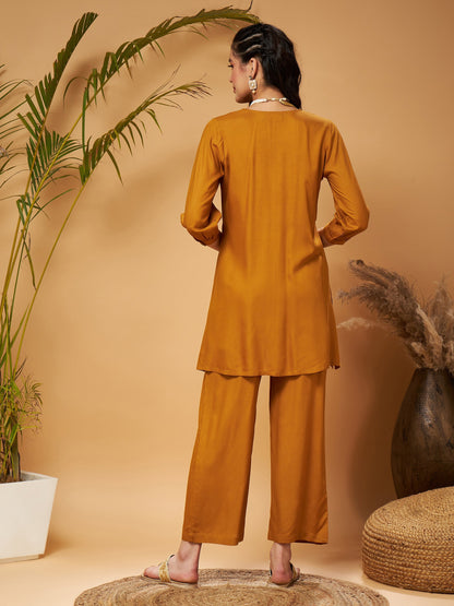 Mustard Bodice Zari Embroidered Top With Palazzos