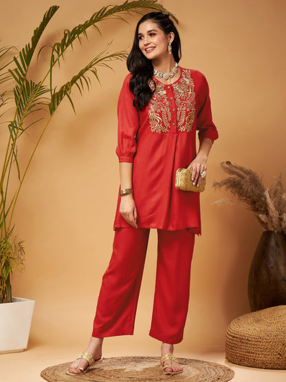 Red Bodice Zari Embroidered Top With Palazzos