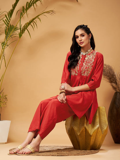 Red Bodice Zari Embroidered Top With Palazzos