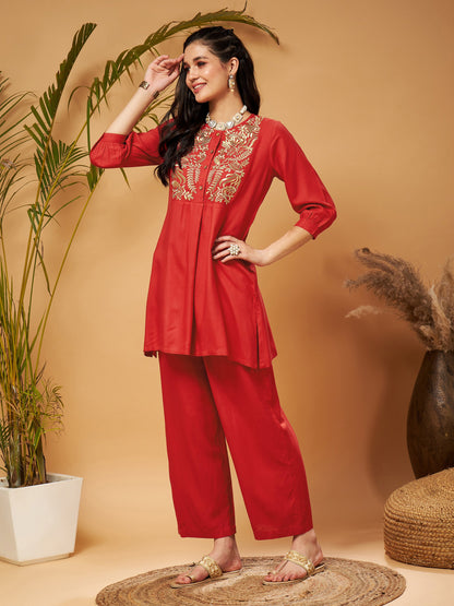 Red Bodice Zari Embroidered Top With Palazzos