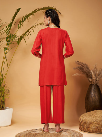 Red Bodice Zari Embroidered Top With Palazzos