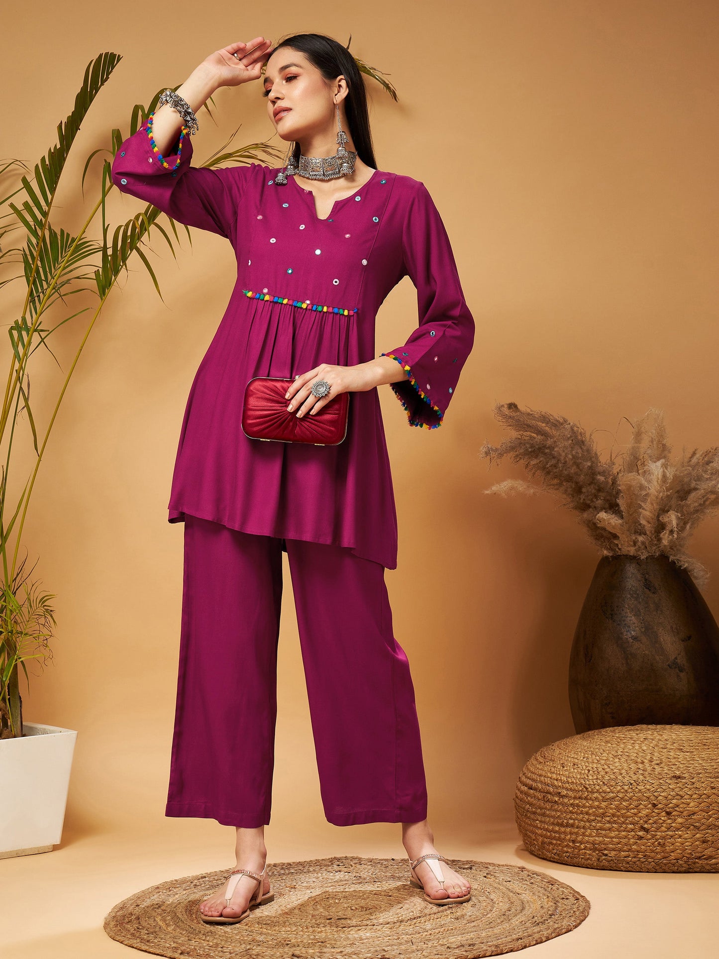 Burgundy Mirror Work Embroidered Top With Palazzos