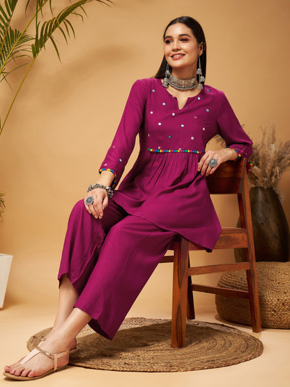 Burgundy Mirror Work Embroidered Top With Palazzos