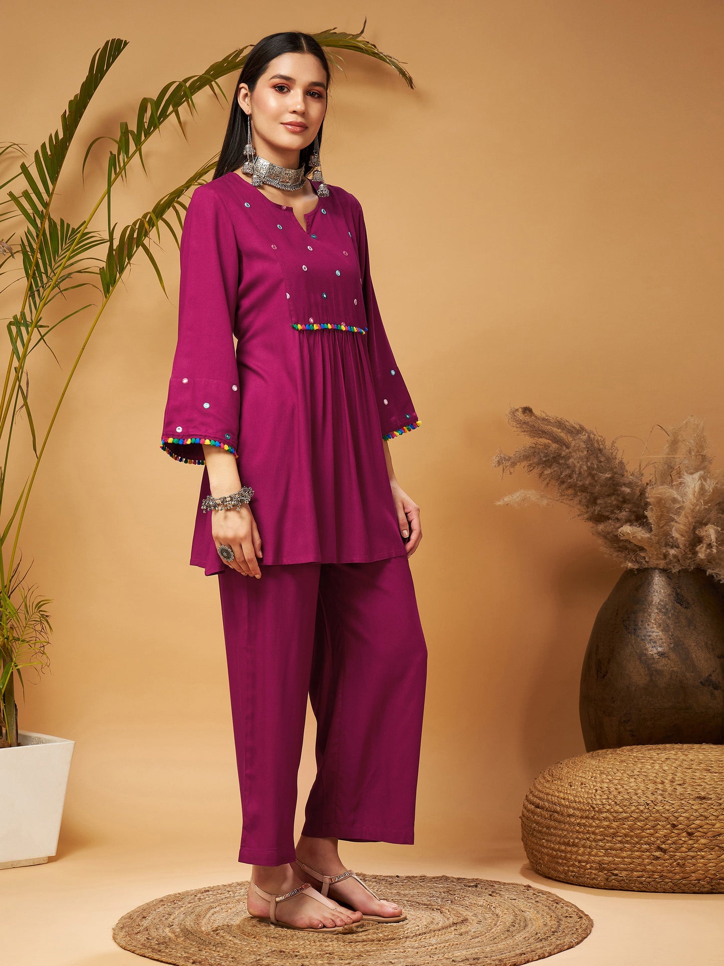 Burgundy Mirror Work Embroidered Top With Palazzos