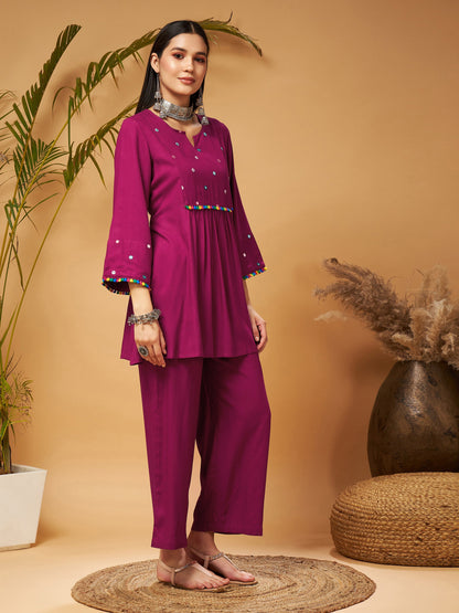 Burgundy Mirror Work Embroidered Top With Palazzos