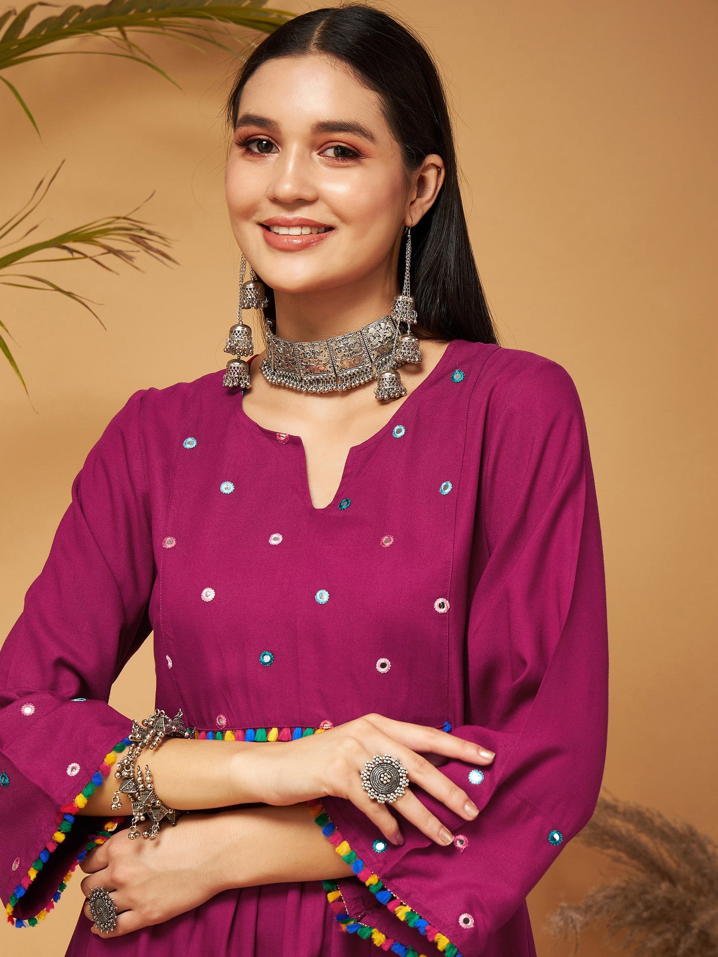 Burgundy Mirror Work Embroidered Top With Palazzos