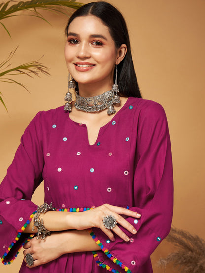 Burgundy Mirror Work Embroidered Top With Palazzos