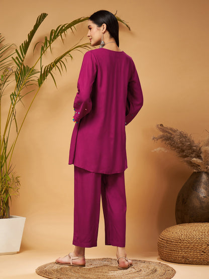 Burgundy Mirror Work Embroidered Top With Palazzos