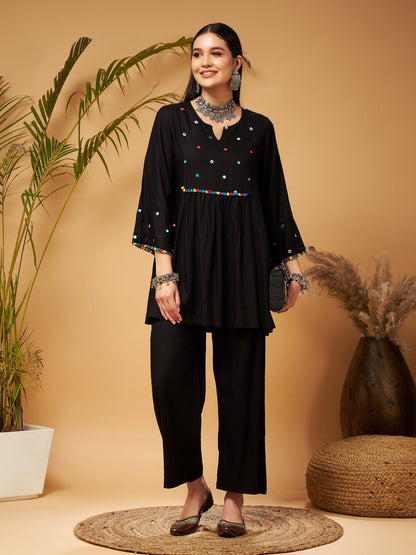 Black Mirror Work Embroidered Top With Palazzos