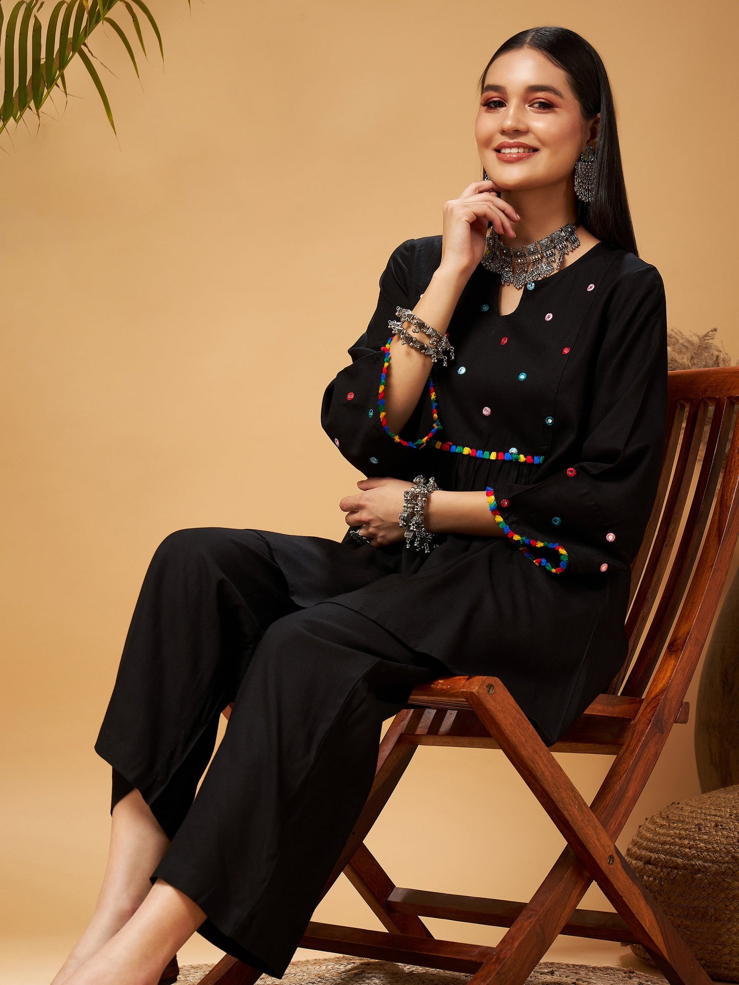 Black Mirror Work Embroidered Top With Palazzos