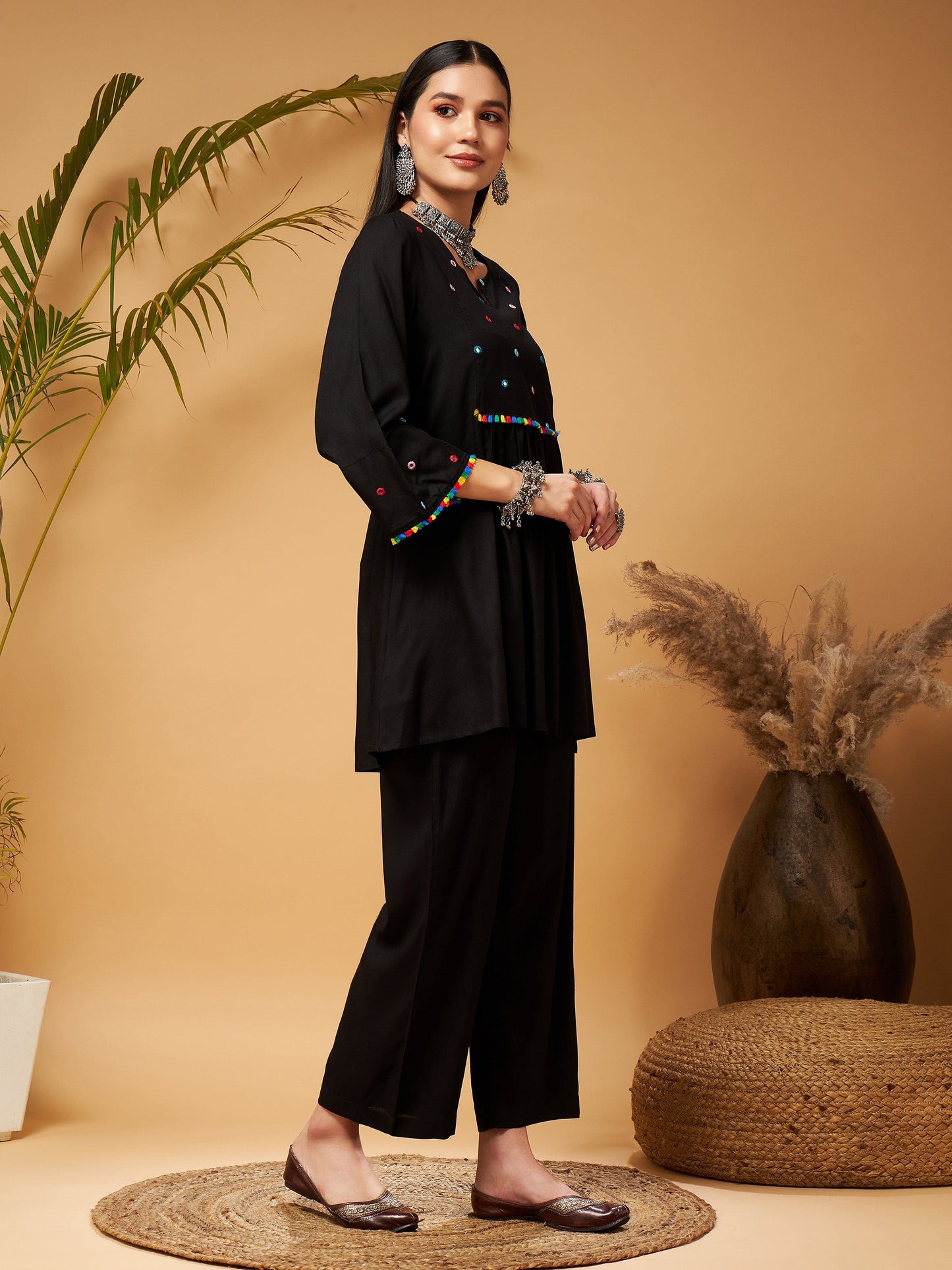 Black Mirror Work Embroidered Top With Palazzos
