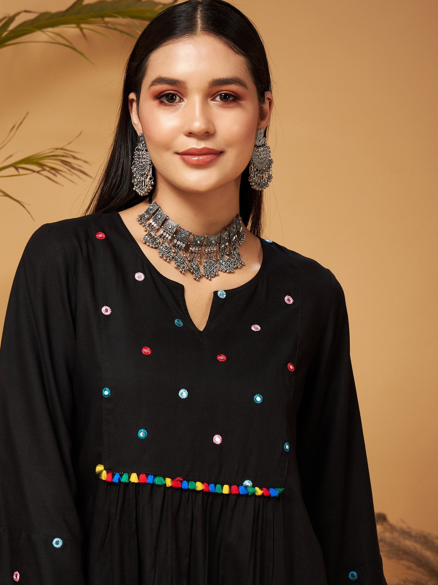 Black Mirror Work Embroidered Top With Palazzos