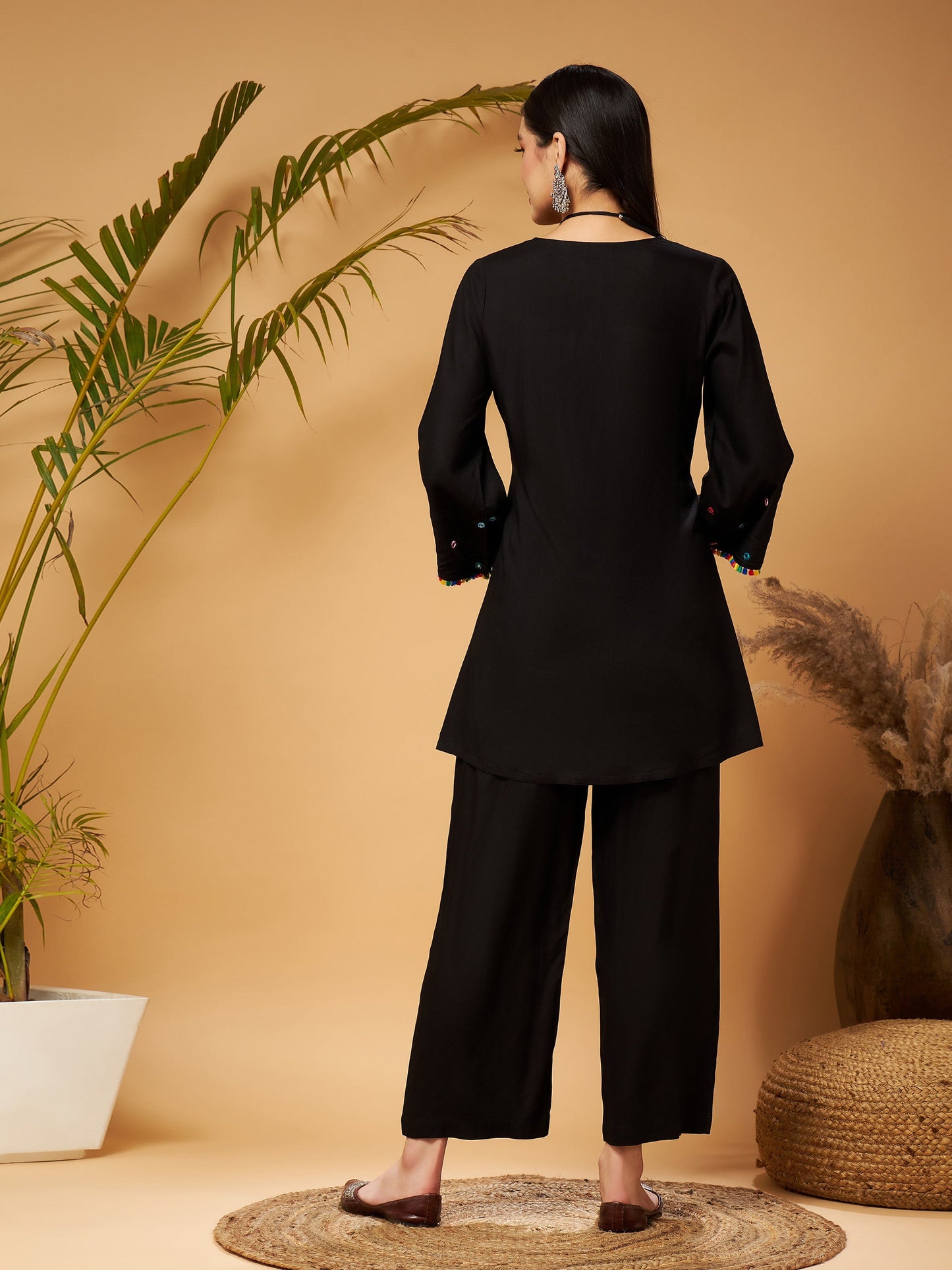 Black Mirror Work Embroidered Top With Palazzos