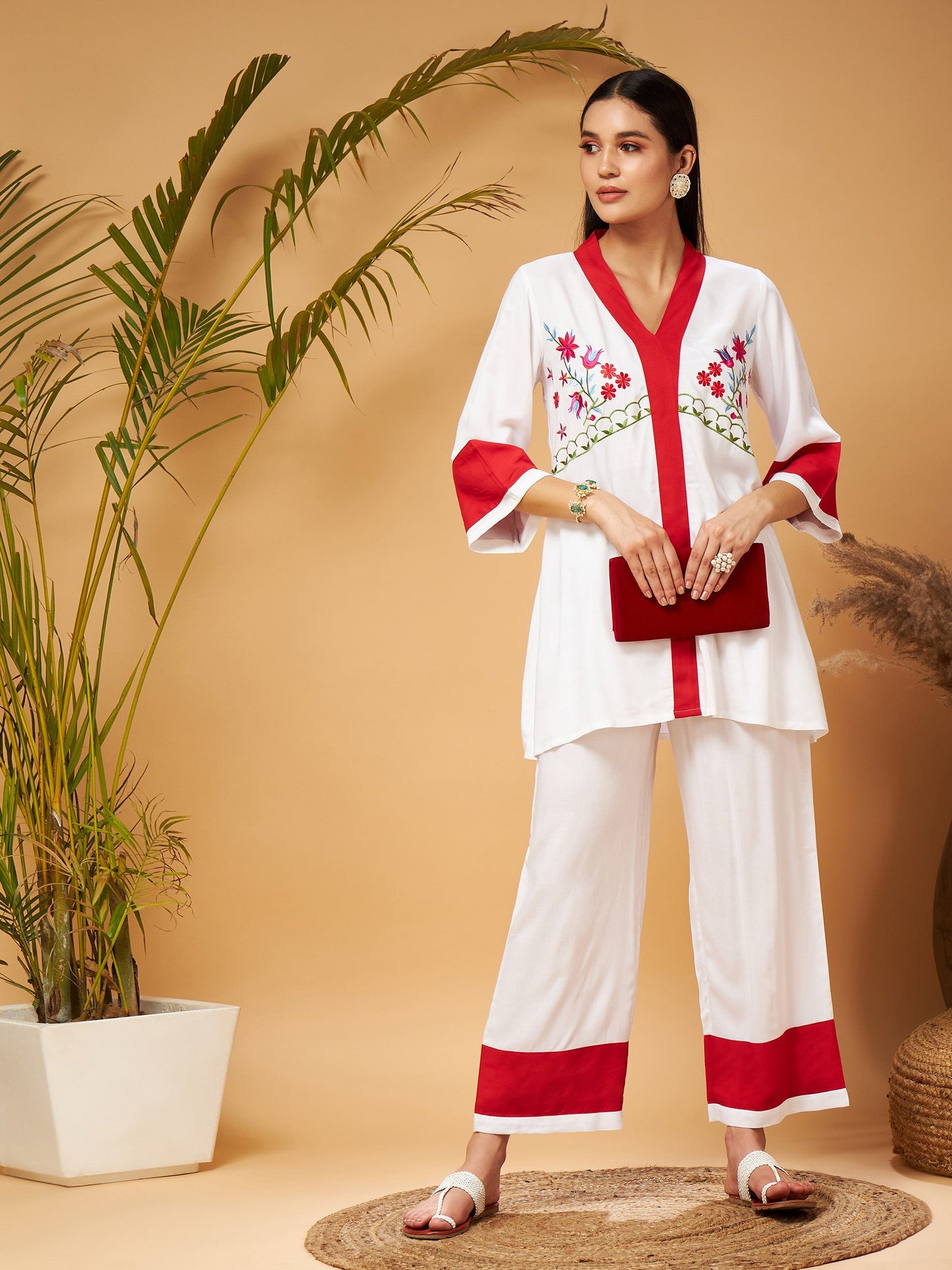 Off White Multi Thread Embroidered Top With Palazzos