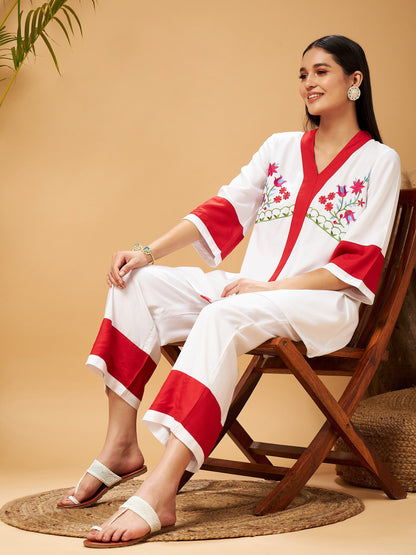 Off White Multi Thread Embroidered Top With Palazzos