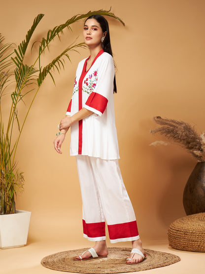 Off White Multi Thread Embroidered Top With Palazzos