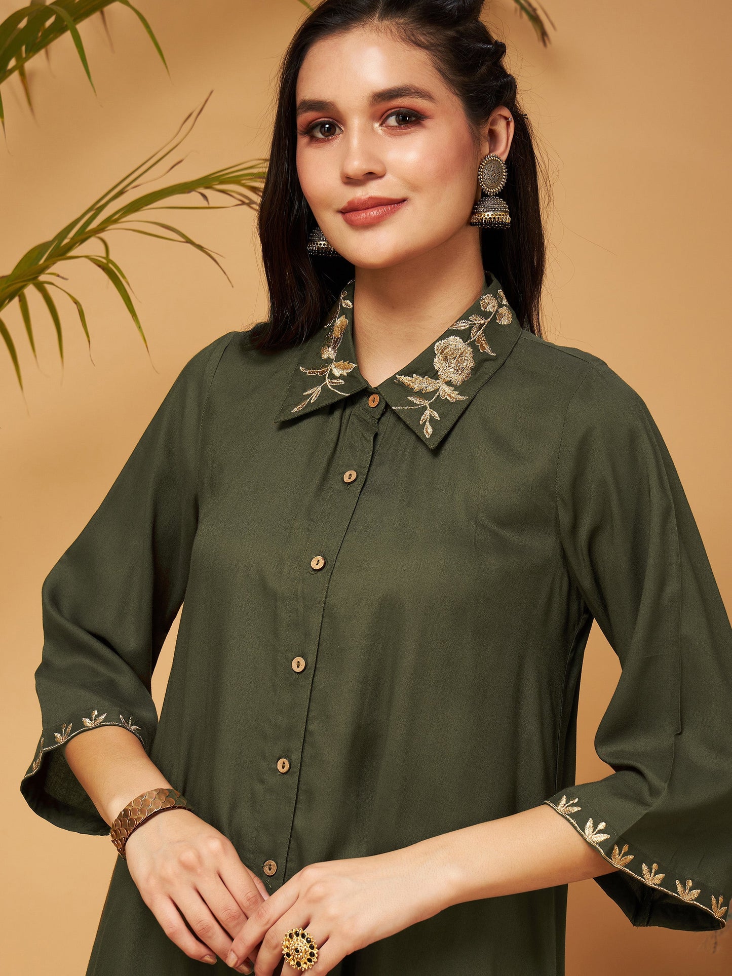 Olive Zari Embroidered Shirt Collar Top With Palazzos-Shae by SASSAFRAS