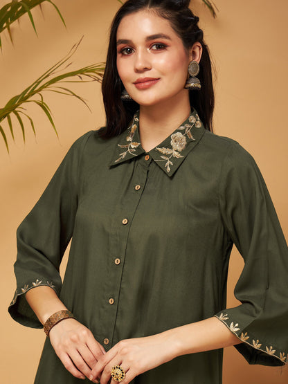 Olive Zari Embroidered Shirt Collar Top With Palazzos-Shae by SASSAFRAS