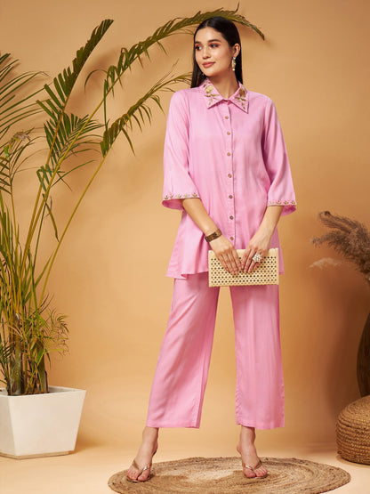 Pink Zari Embroidered Shirt Collar Top With Palazzos