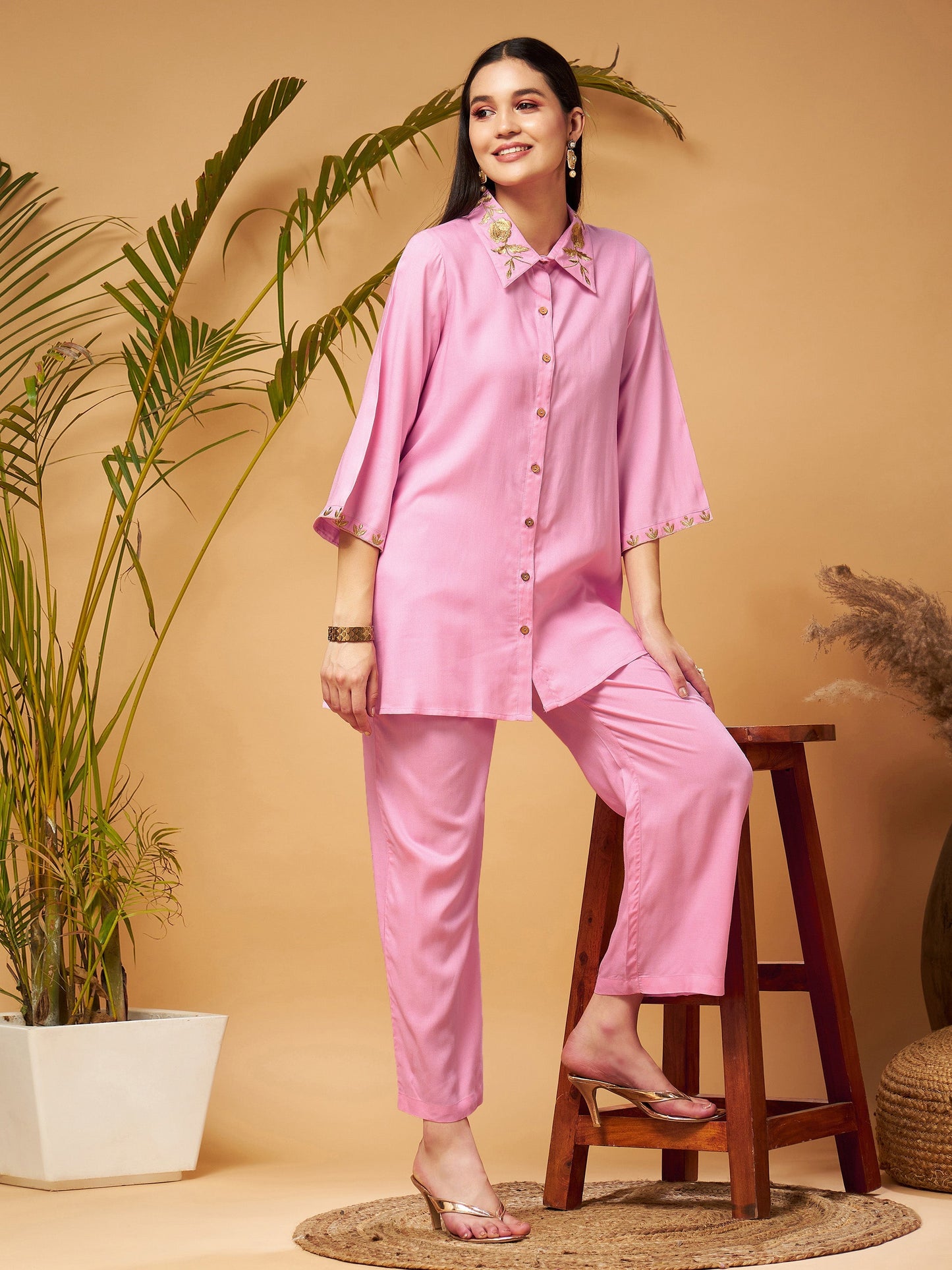 Pink Zari Embroidered Shirt Collar Top With Palazzos