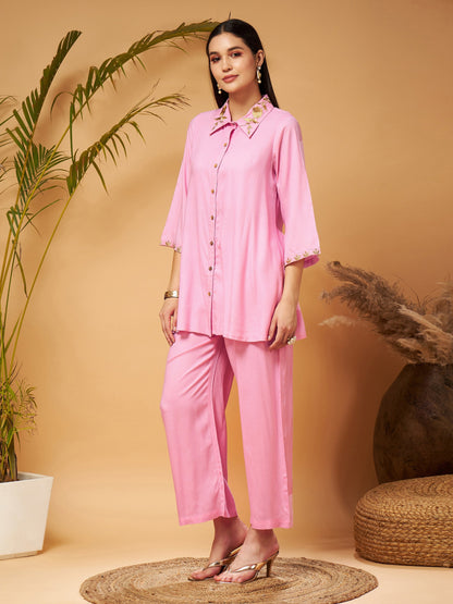 Pink Zari Embroidered Shirt Collar Top With Palazzos