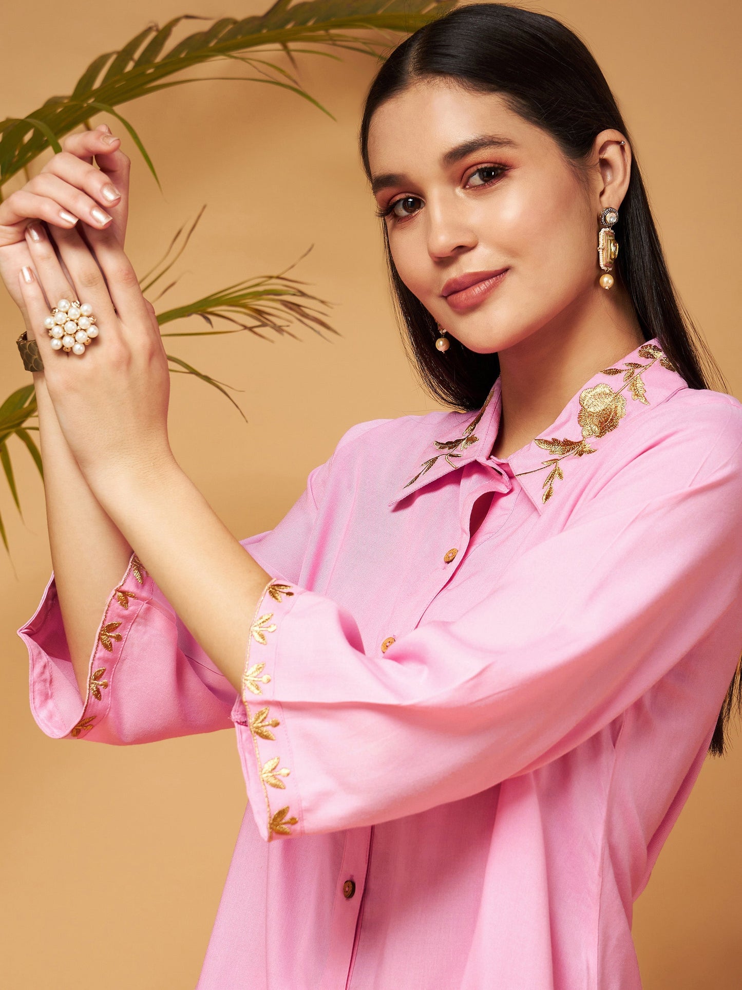 Pink Zari Embroidered Shirt Collar Top With Palazzos