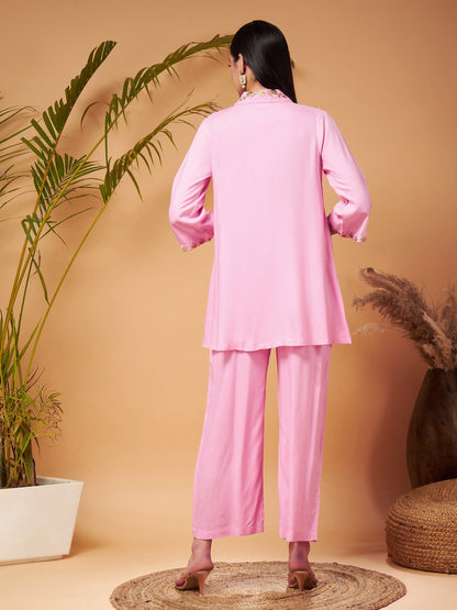 Pink Zari Embroidered Shirt Collar Top With Palazzos