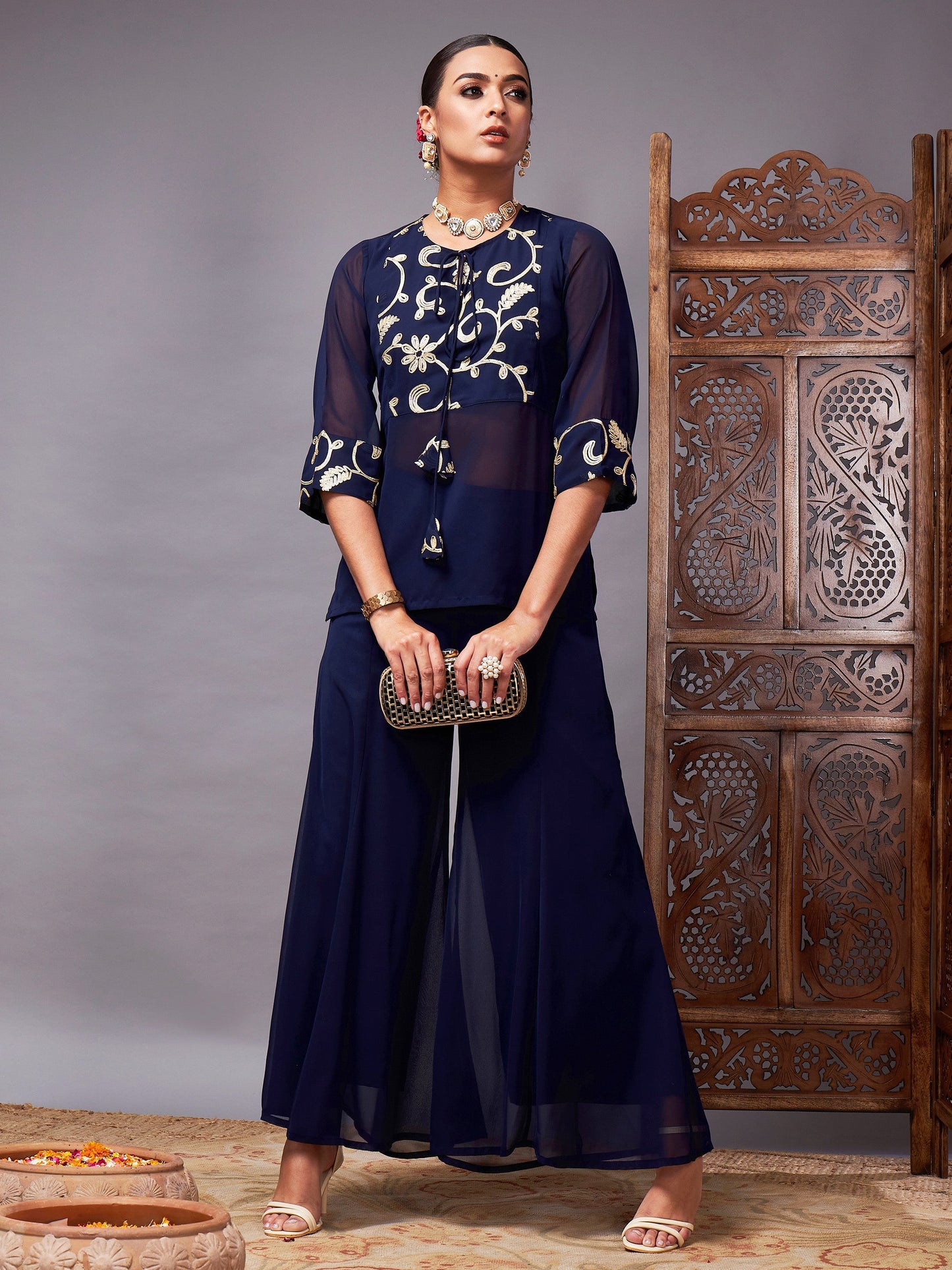Navy Gota Embroidered Top With Palazzos