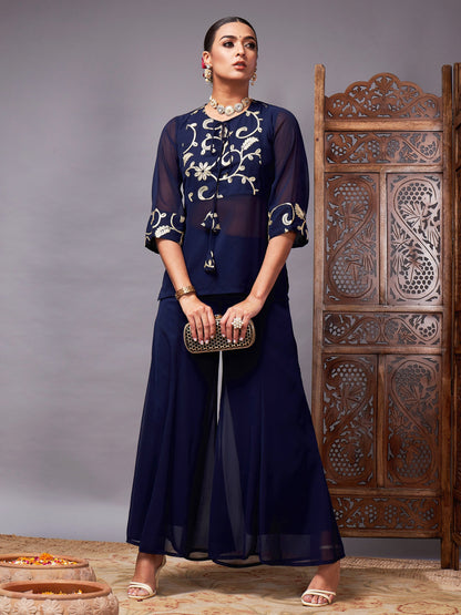 Navy Gota Embroidered Top With Palazzos
