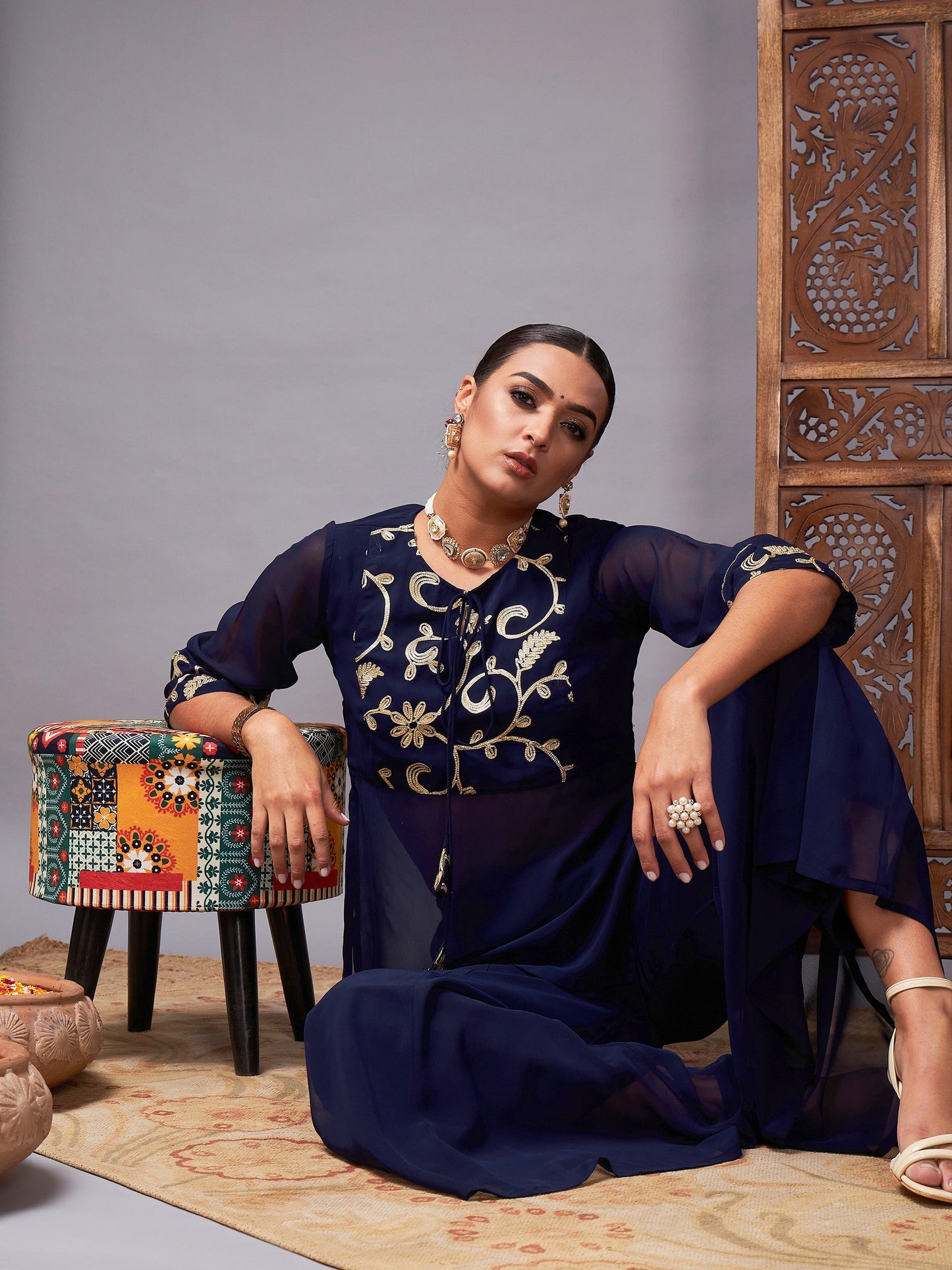 Navy Gota Embroidered Top With Palazzos