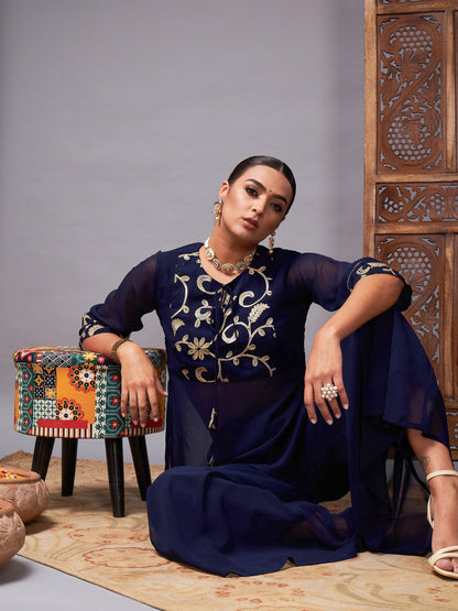 Navy Gota Embroidered Top With Palazzos