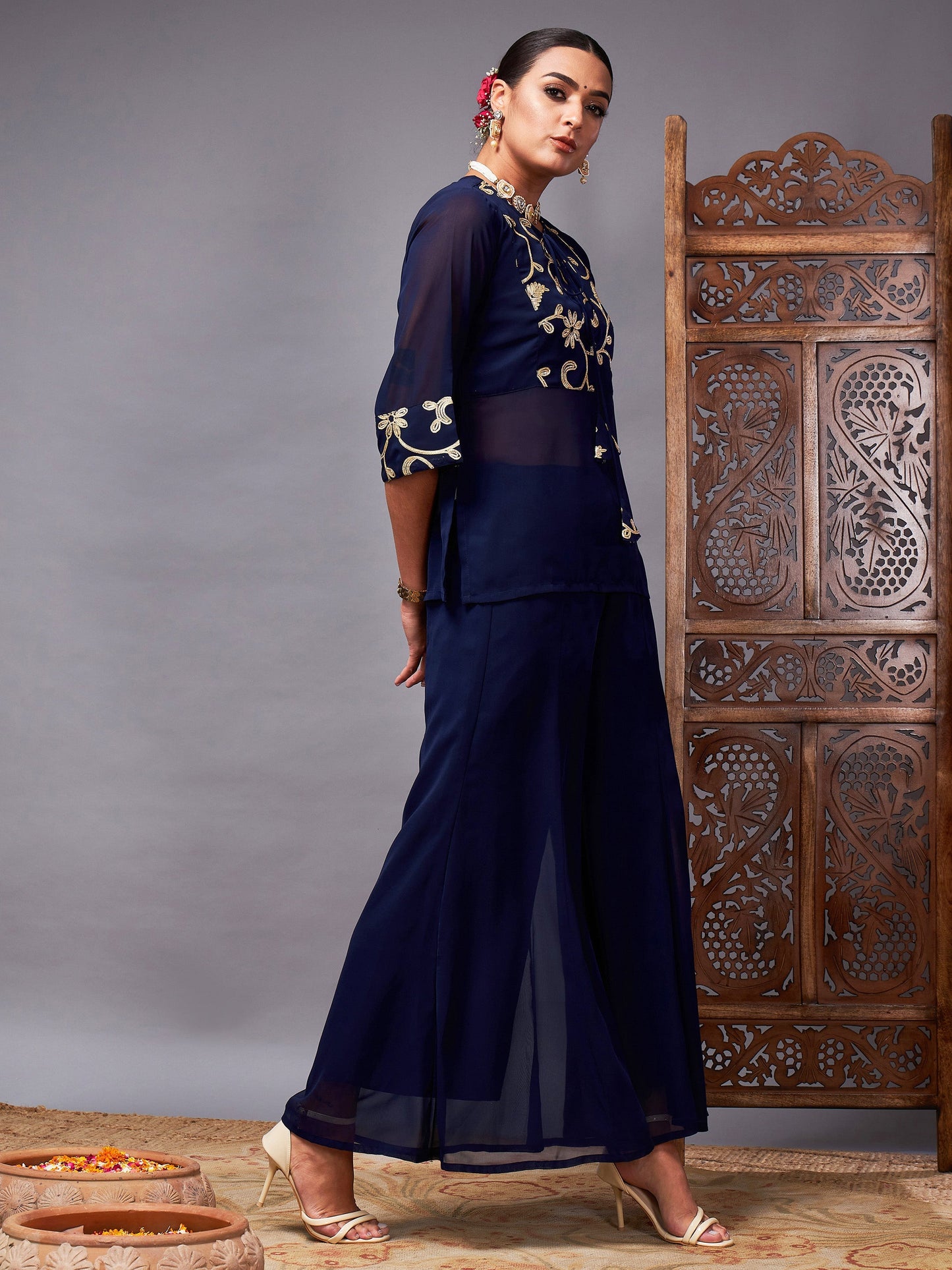 Navy Gota Embroidered Top With Palazzos