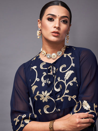 Navy Gota Embroidered Top With Palazzos