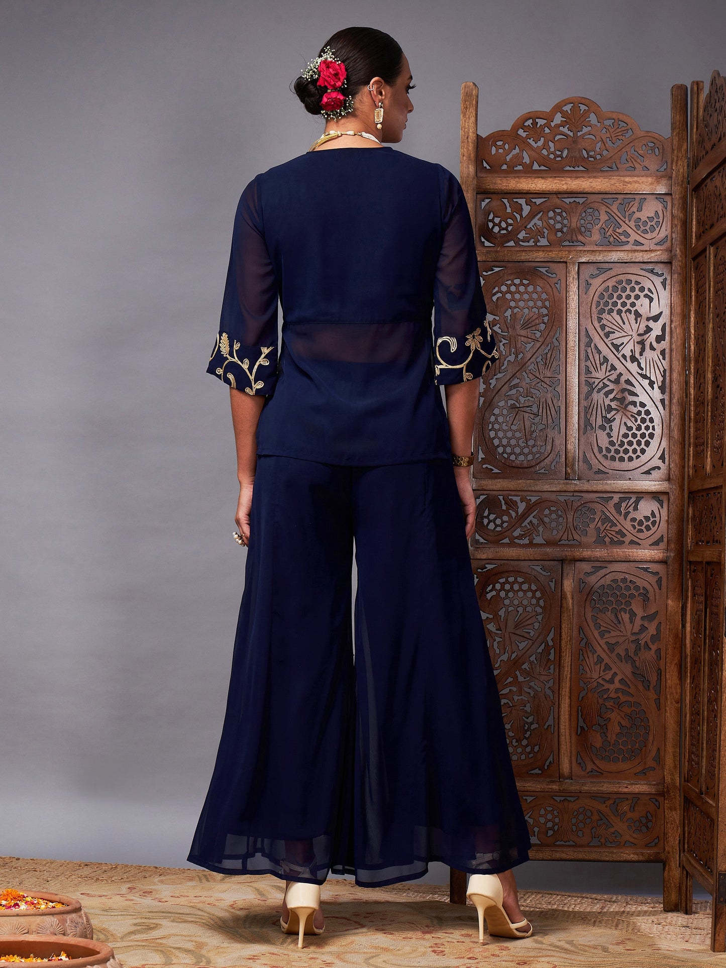 Navy Gota Embroidered Top With Palazzos