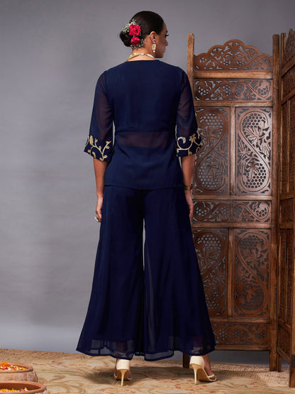 Navy Gota Embroidered Top With Palazzos