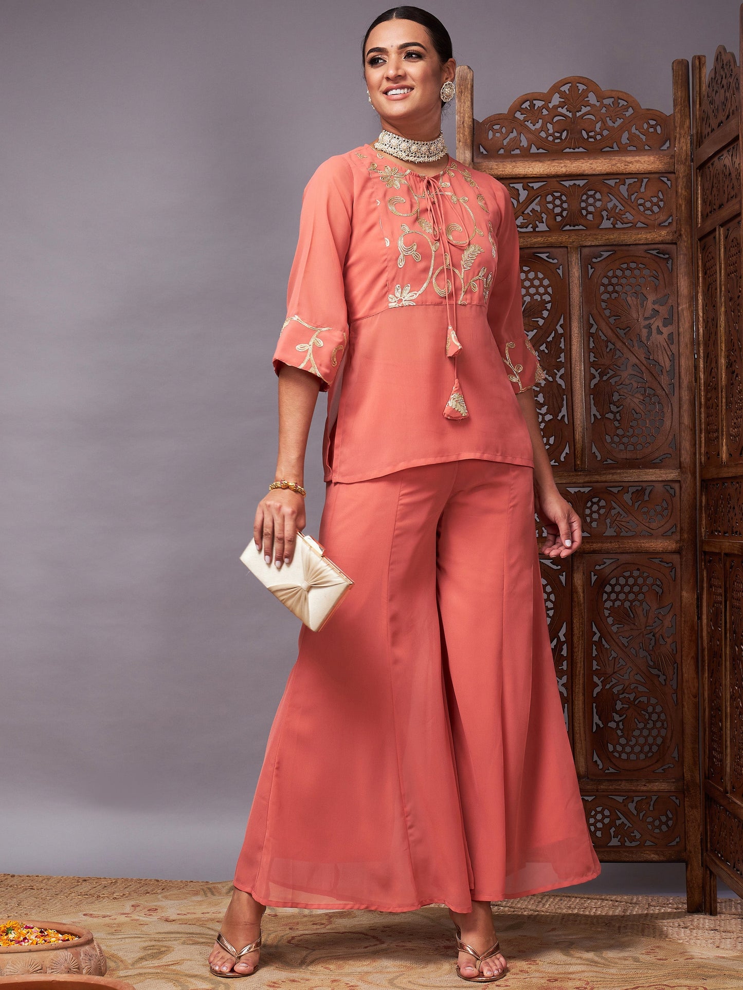 Rust Gota Embroidered Top With Palazzos