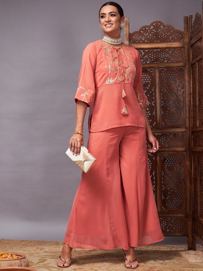 Rust Gota Embroidered Top With Palazzos