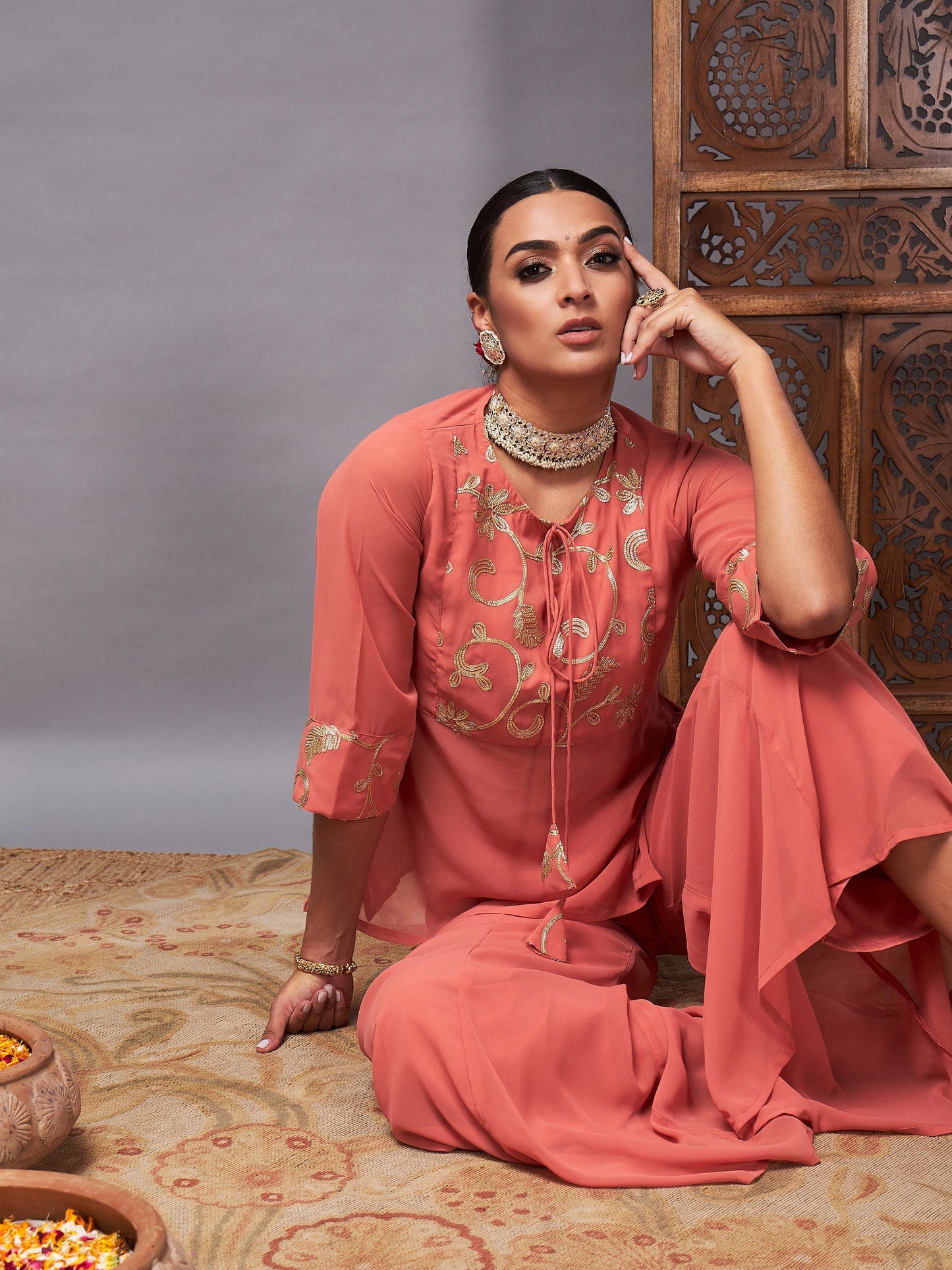 Rust Gota Embroidered Top With Palazzos