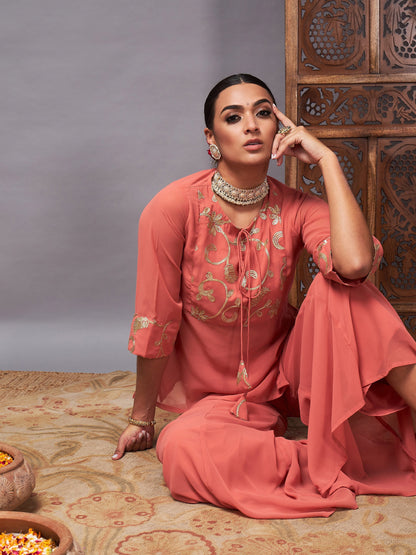 Rust Gota Embroidered Top With Palazzos