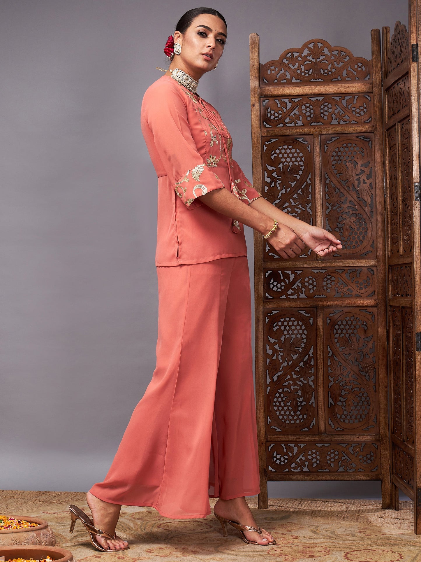 Rust Gota Embroidered Top With Palazzos