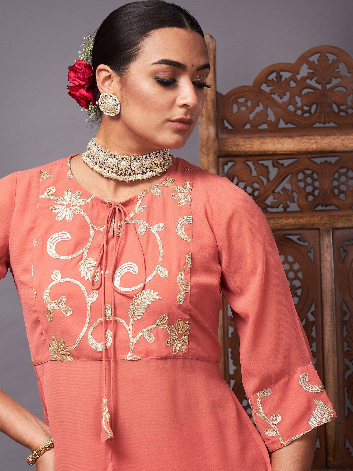 Rust Gota Embroidered Top With Palazzos